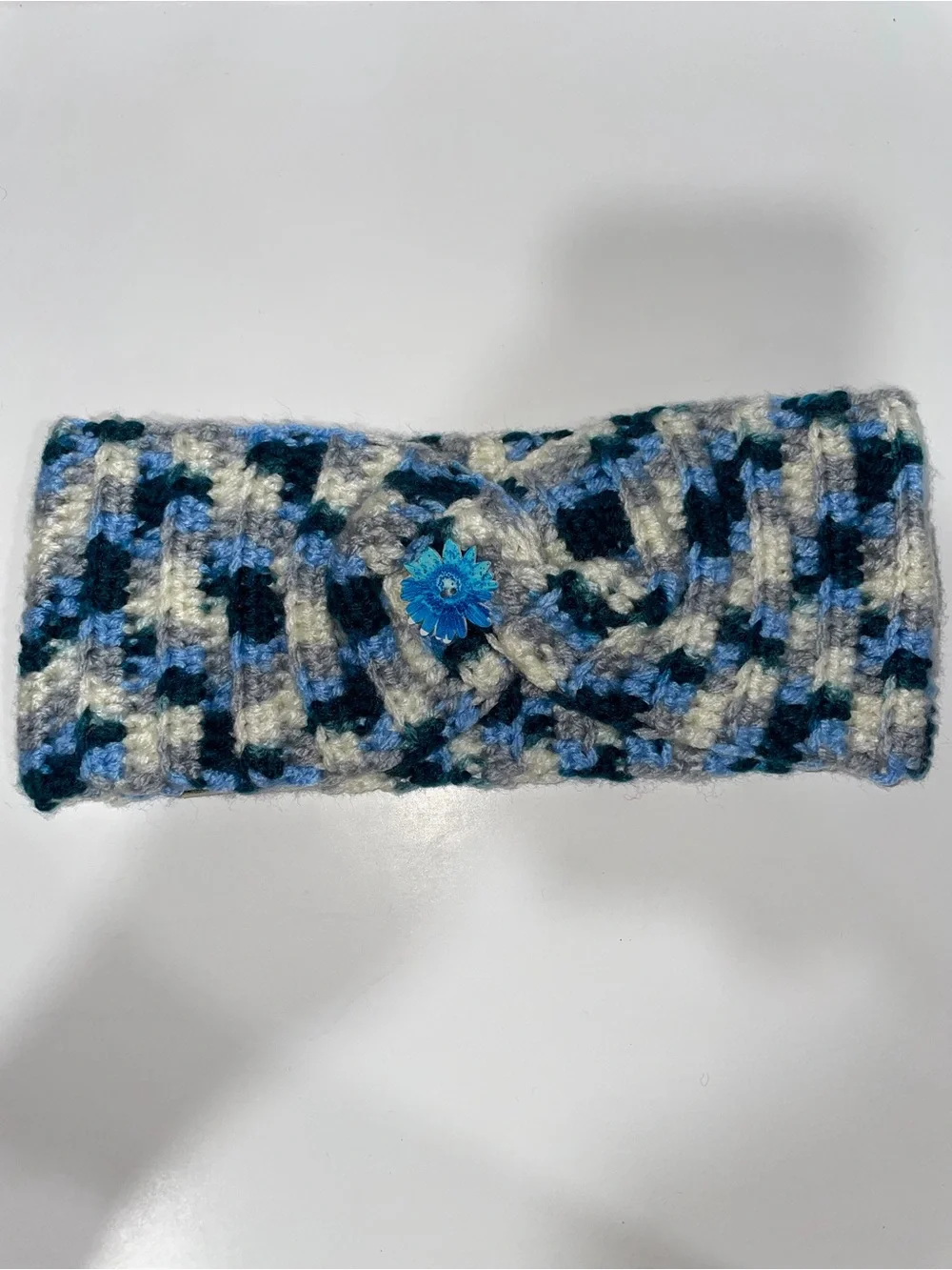 Hand Crafted Blue, Cream & Black Plaid Knitted Headband
